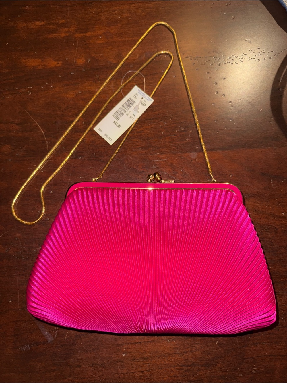 Hot Pink Pleated Evening Clutch with Gold Chain